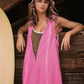 Pink sleeveless half-zipped hooded romper cover-up dress back view