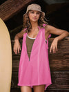 Pink sleeveless half-zipped hooded romper cover-up dress back view