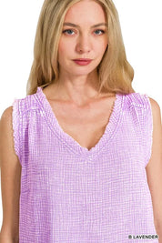 B LAVENDER Zenana Double Gauze Raw Edge Acid Washed Tank | Daverri Fashions