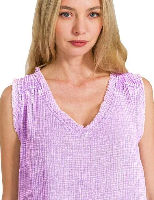 B LAVENDER Zenana Double Gauze Raw Edge Acid Washed Tank | Daverri Fashions