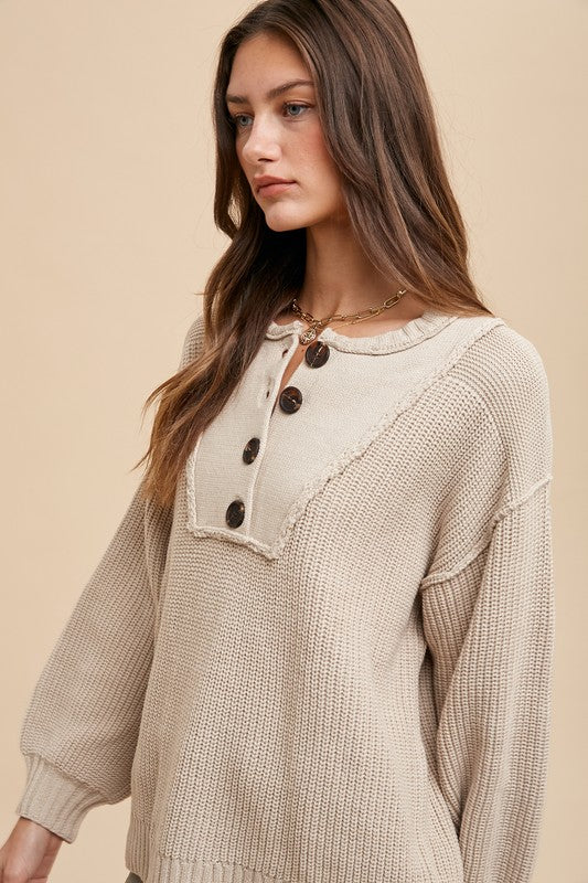 Annie Wear Half Button Ribbed Hem Sweater Sweaters