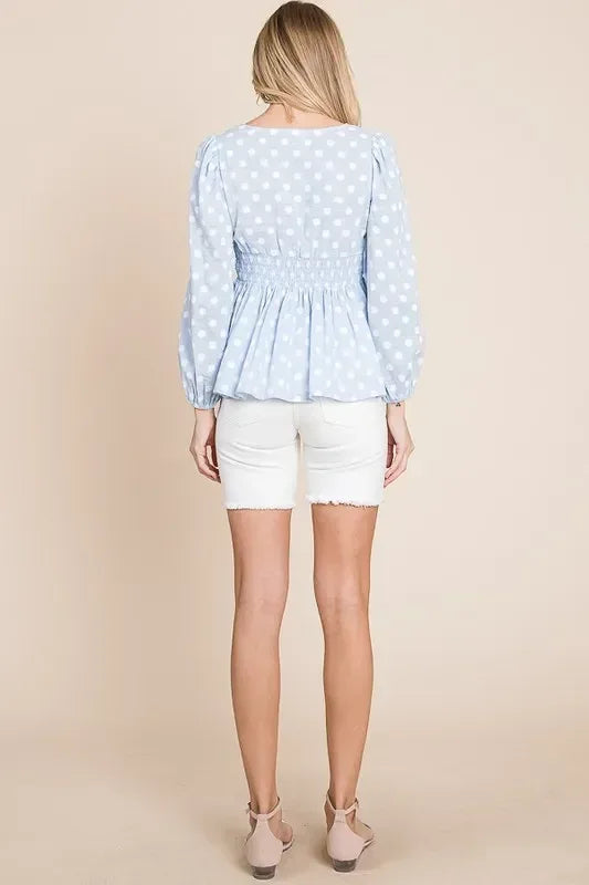 Lime 'N' Chili Polka Dot Print Balloon Sleeve Babydoll Peplum Top - DAVERRI FASHIONS