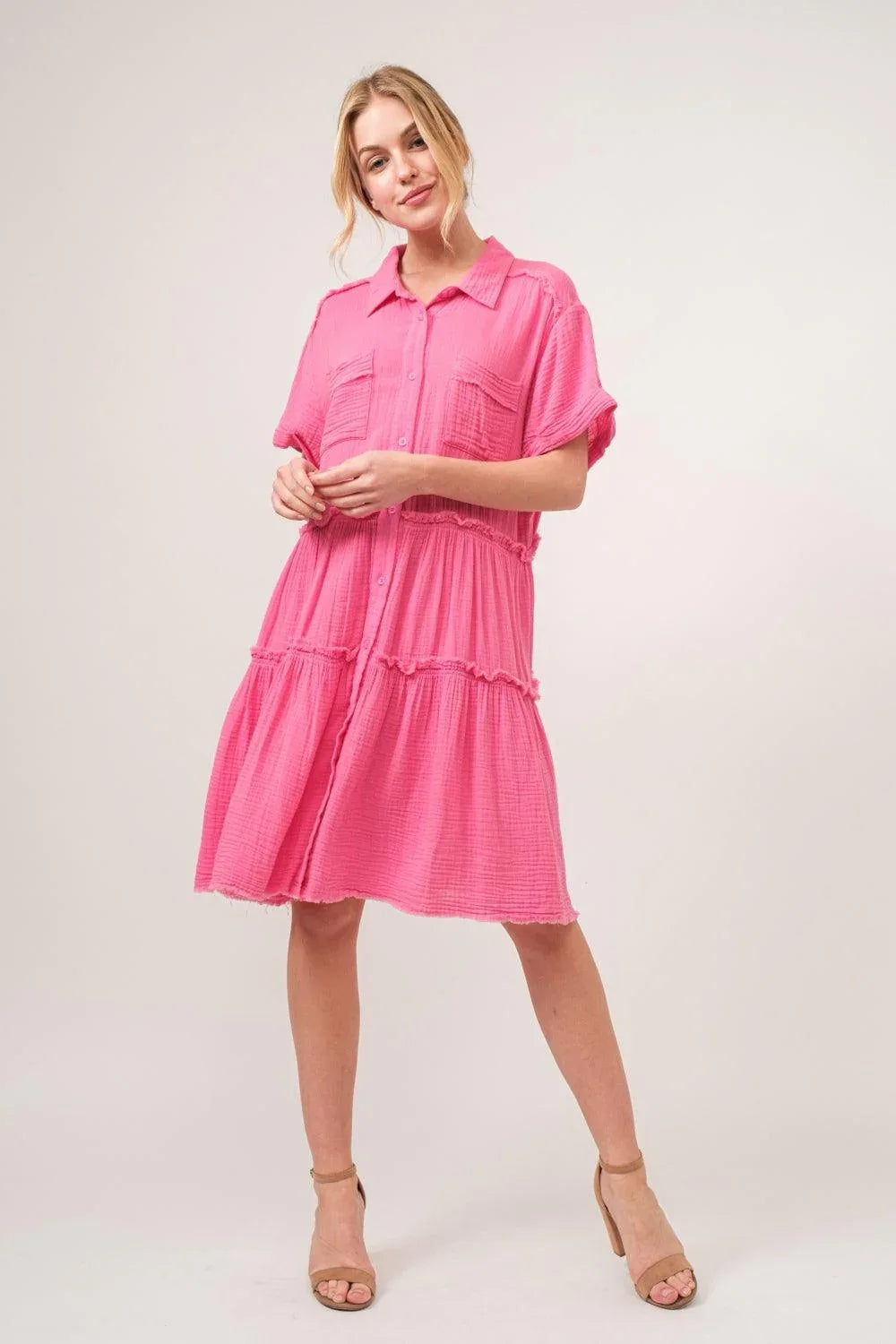 And The Why Full Size Raw Edge Washed Tiered Shirt Dress - DAVERRI FASHIONS
