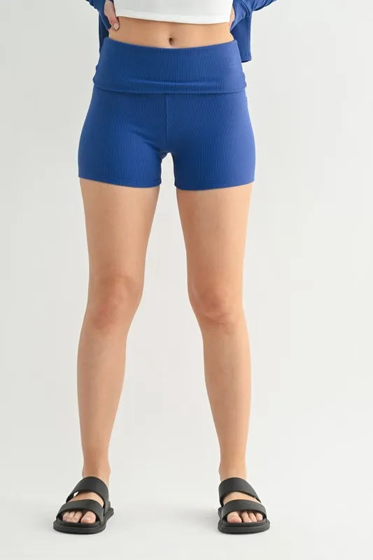 MONO B Ribbed Foldover Waist Shorts TRUE BLUE