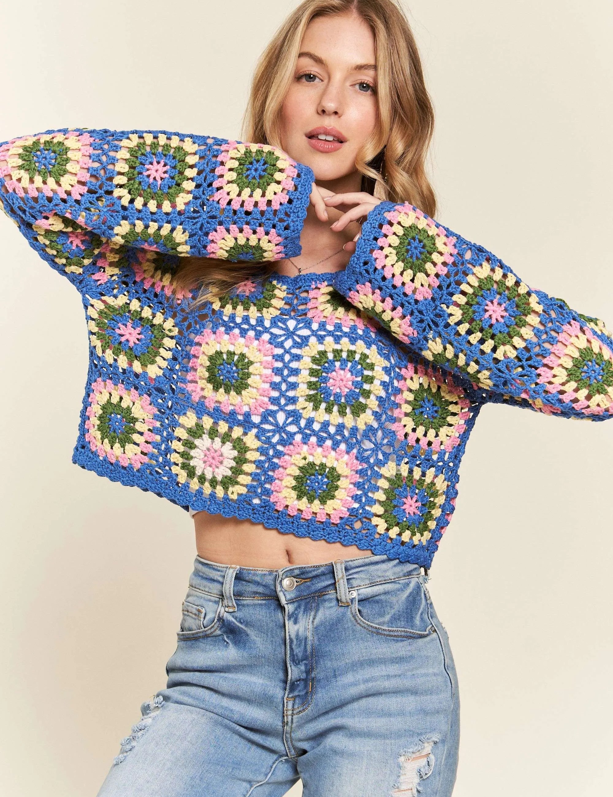 ADORA Multicolor Crochet Crop Top | Sweaters Daverri Fashions