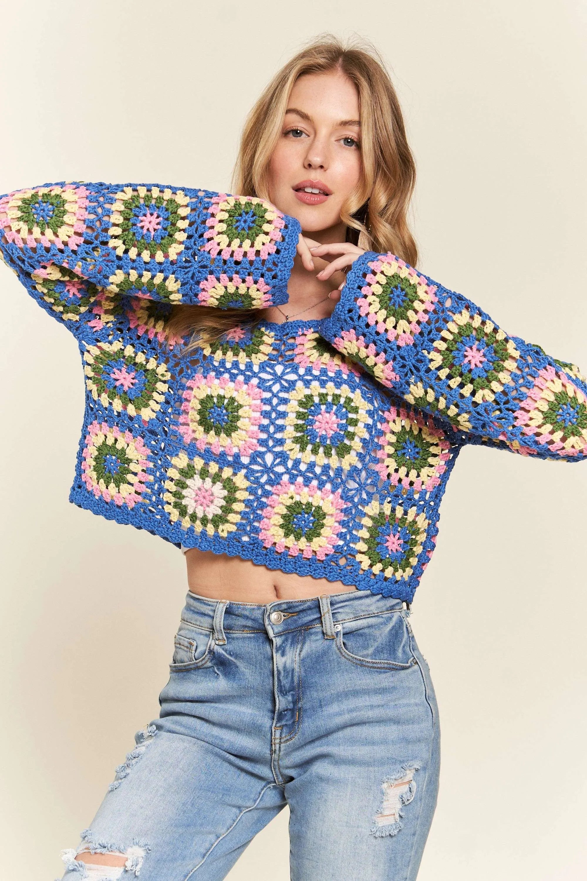 ADORA Multicolor Crochet Crop Top | Sweaters Daverri Fashions