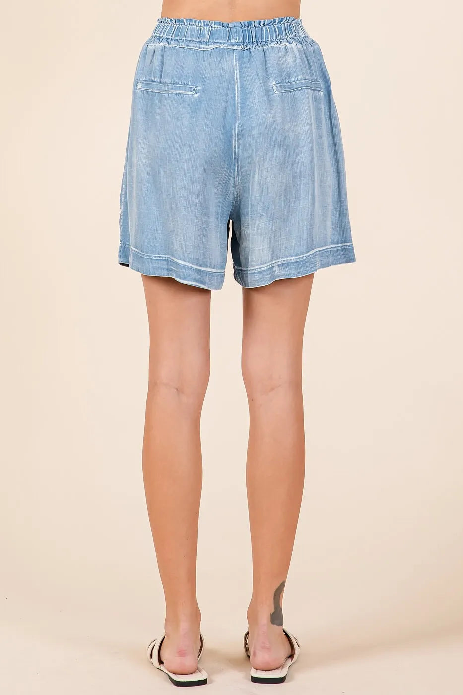 Mittoshop Washed Chambray Elastic Waist Easy Fit Shorts Shorts