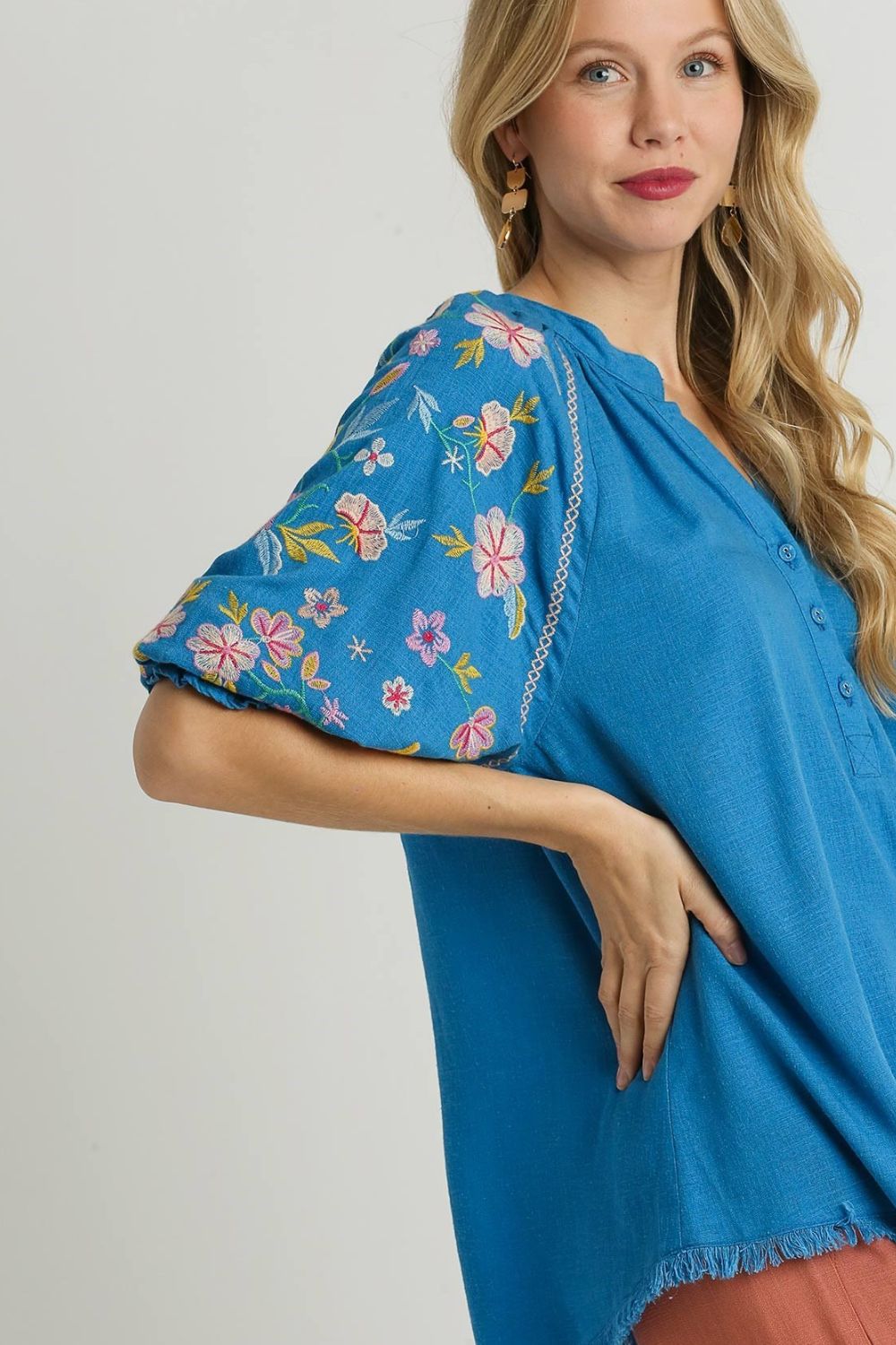 Umgee Full Size Half Button Top with Embroidery Sleeves Tops