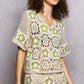 Cream-colored POL Button Front V-Neck Crochet Cardigan with green star patches