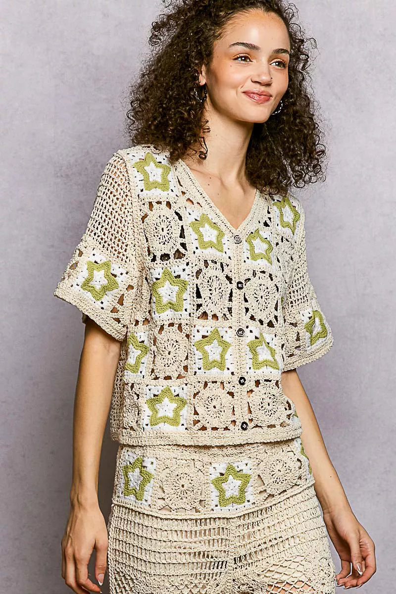 Cream-colored POL Button Front V-Neck Crochet Cardigan with green star patches
