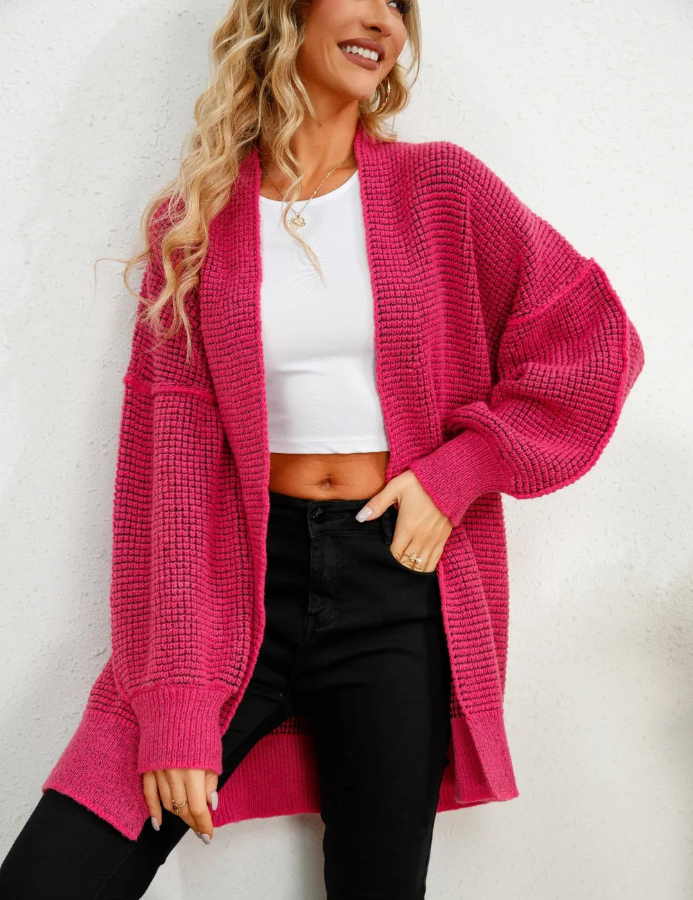Hot Pink Open Front Dropped Shoulder Cardigan | Cardigans Daverri Fashions