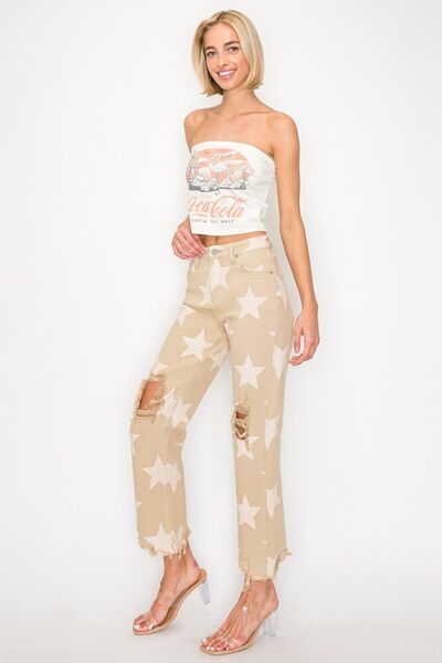 RISEN Full Size High Rise Star Printed Frayed Hem Jeans Jeans