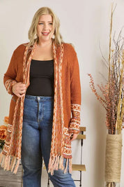 ADORA Plus Size Fringe Hem Aztec Border Cardigan | Cardigans Daverri Fashions