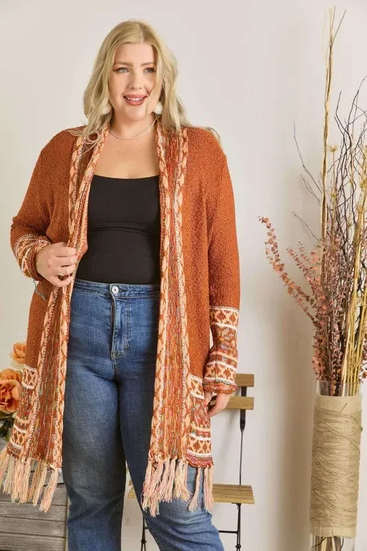 ADORA Plus Size Fringe Hem Aztec Border Cardigan - DAVERRI FASHIONS