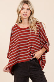 Mittoshop Texture Striped Print Round Neck Dolman Sleeve Top Tops