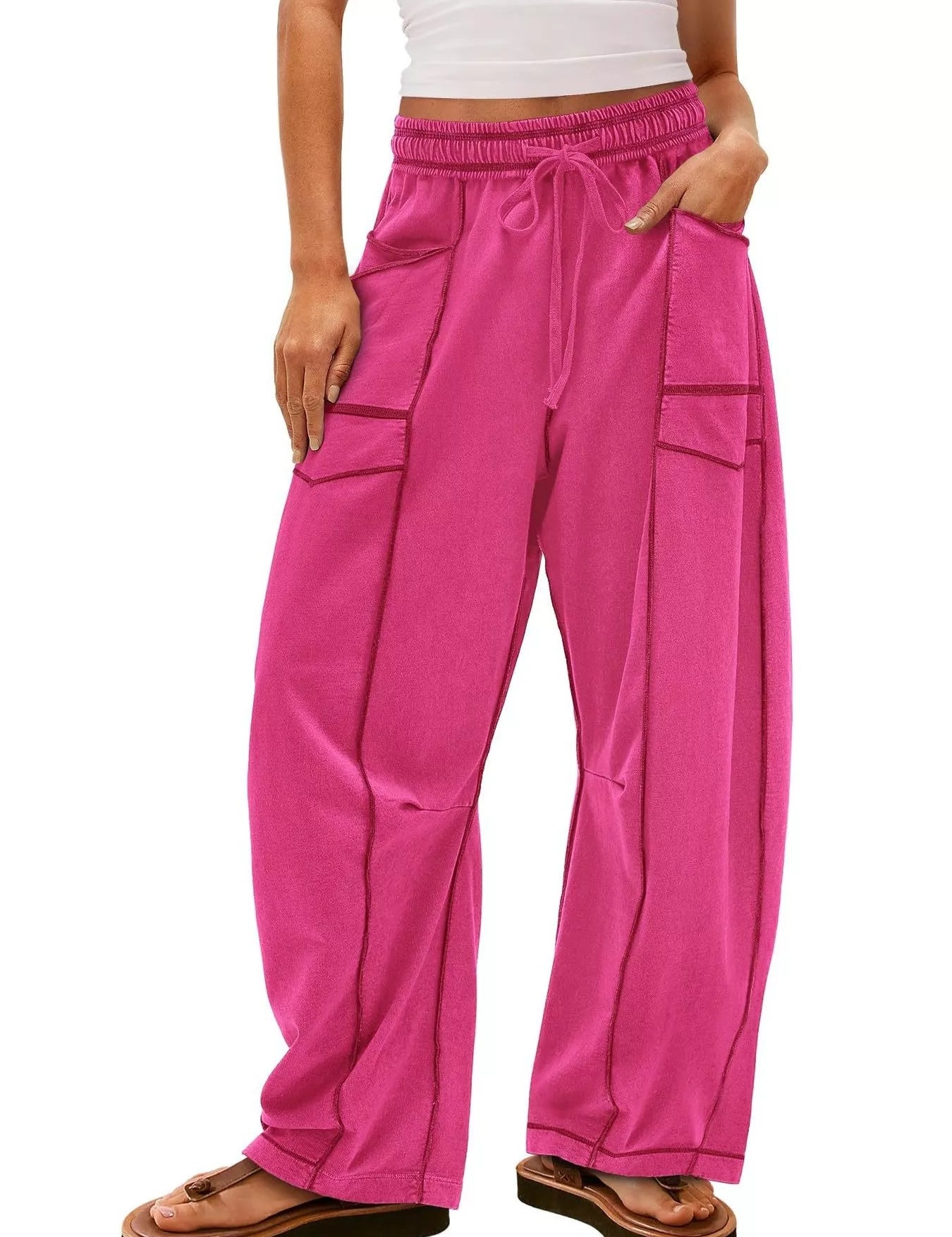 Dark Pink Drawstring Wide Leg Elastic Waist Pants | Pants Daverri Fashions