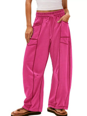 Dark Pink Drawstring Wide Leg Elastic Waist Pants | Pants Daverri Fashions