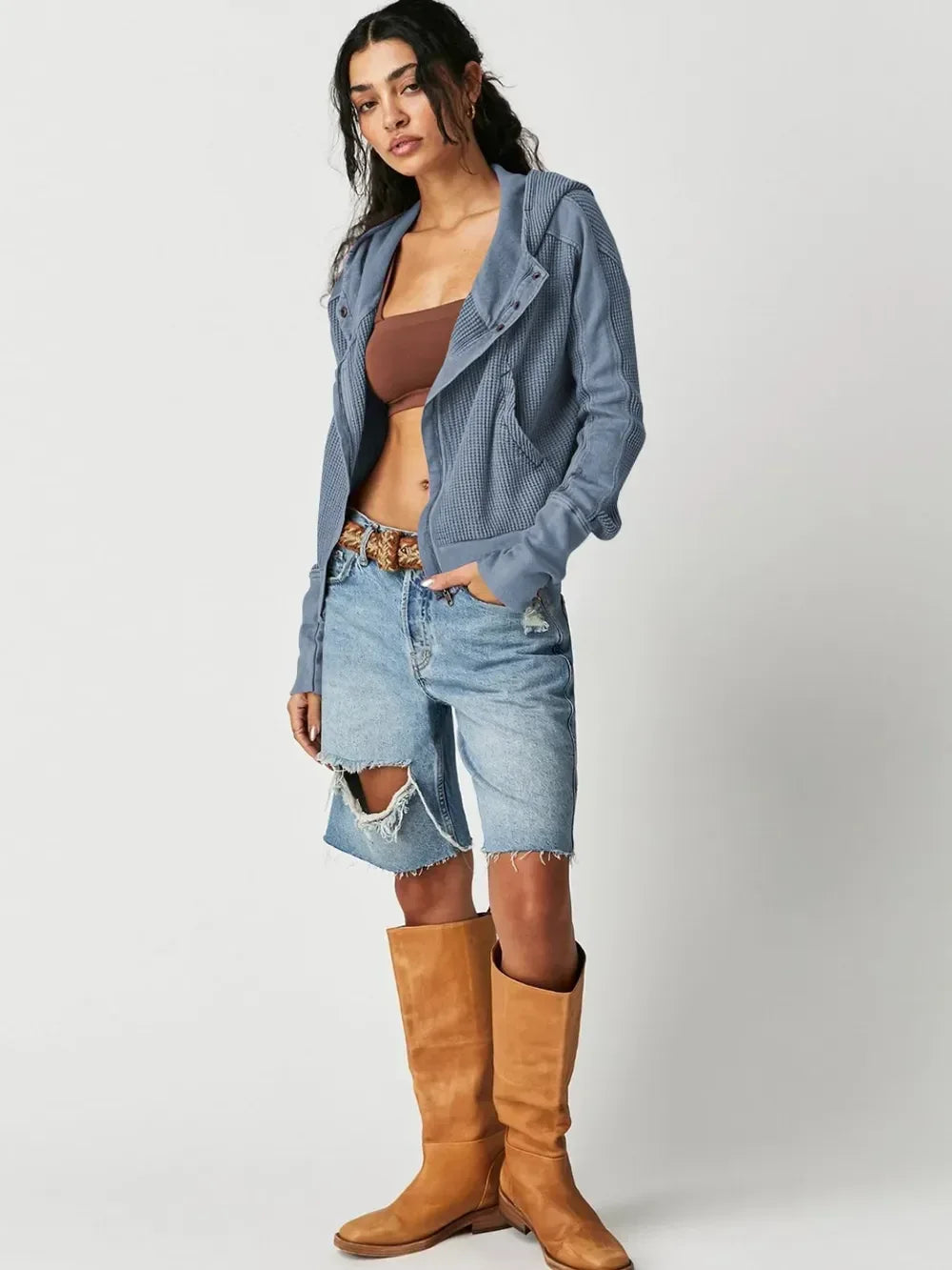 Waffle-Knit Dropped Shoulder Hooded Jacket - DAVERRI FASHIONS