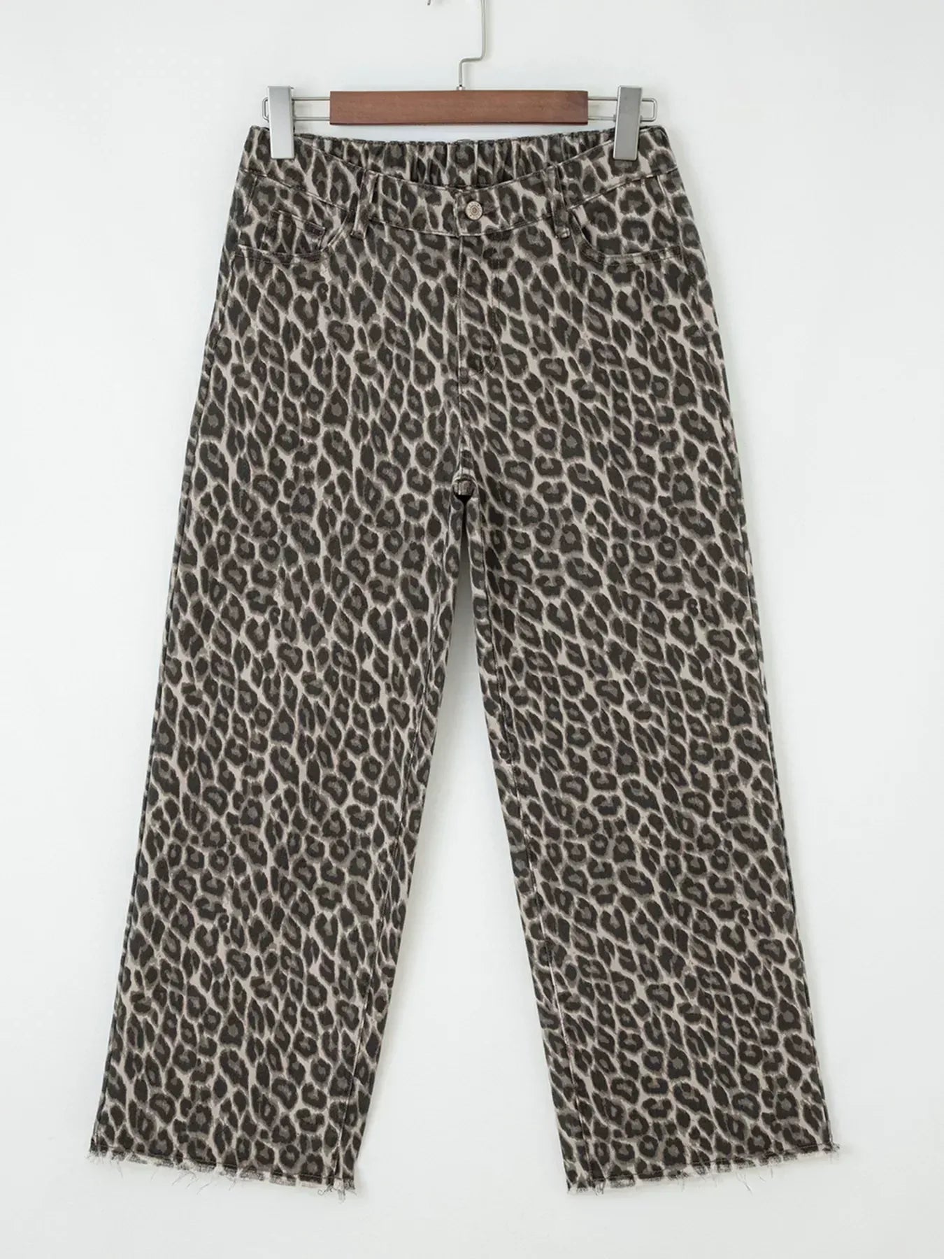 Leopard Straight Loose Leg Raw Hem Jeans - DAVERRI FASHIONS