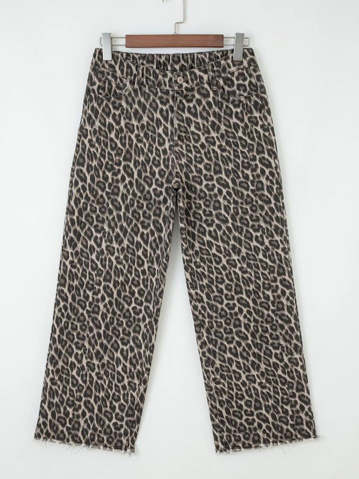 Leopard Straight Loose Leg Raw Hem Jeans | Jeans Daverri Fashions