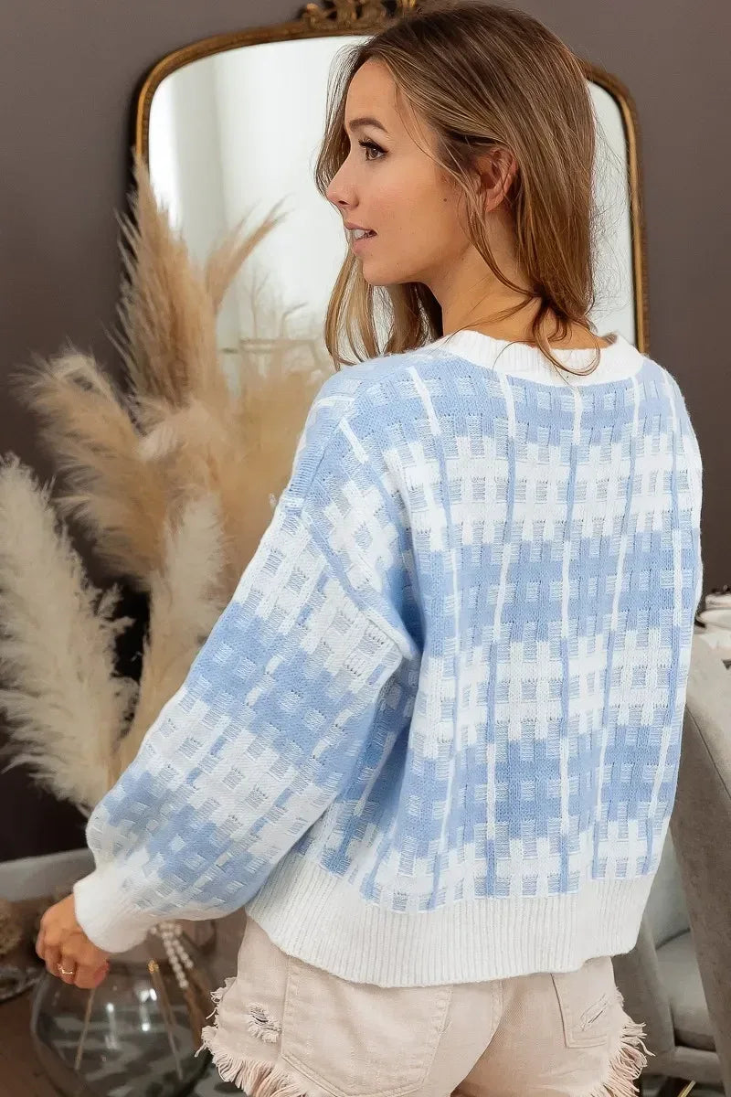 BiBi Hashtag Grid Textured V-Neck Sweater - DAVERRI FASHIONS