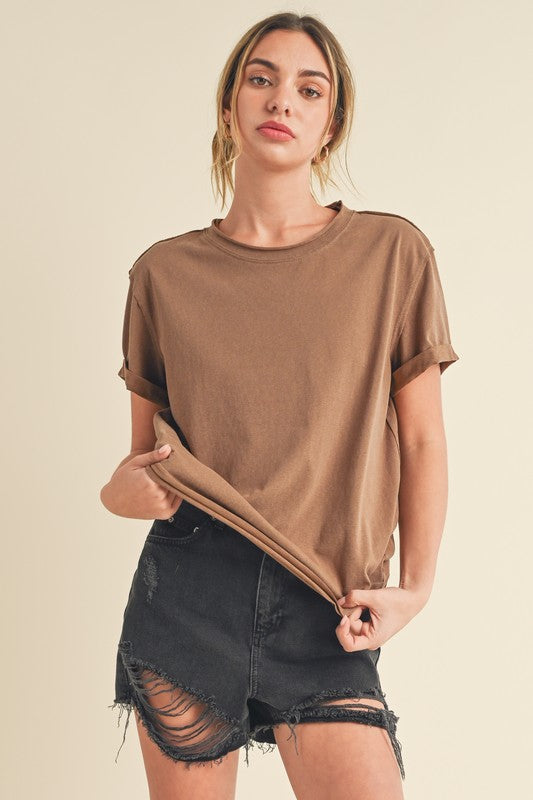 Aemi + Co Exposed Seam Round Neck Short Sleeve T-Shirt Caramel T-Shirts