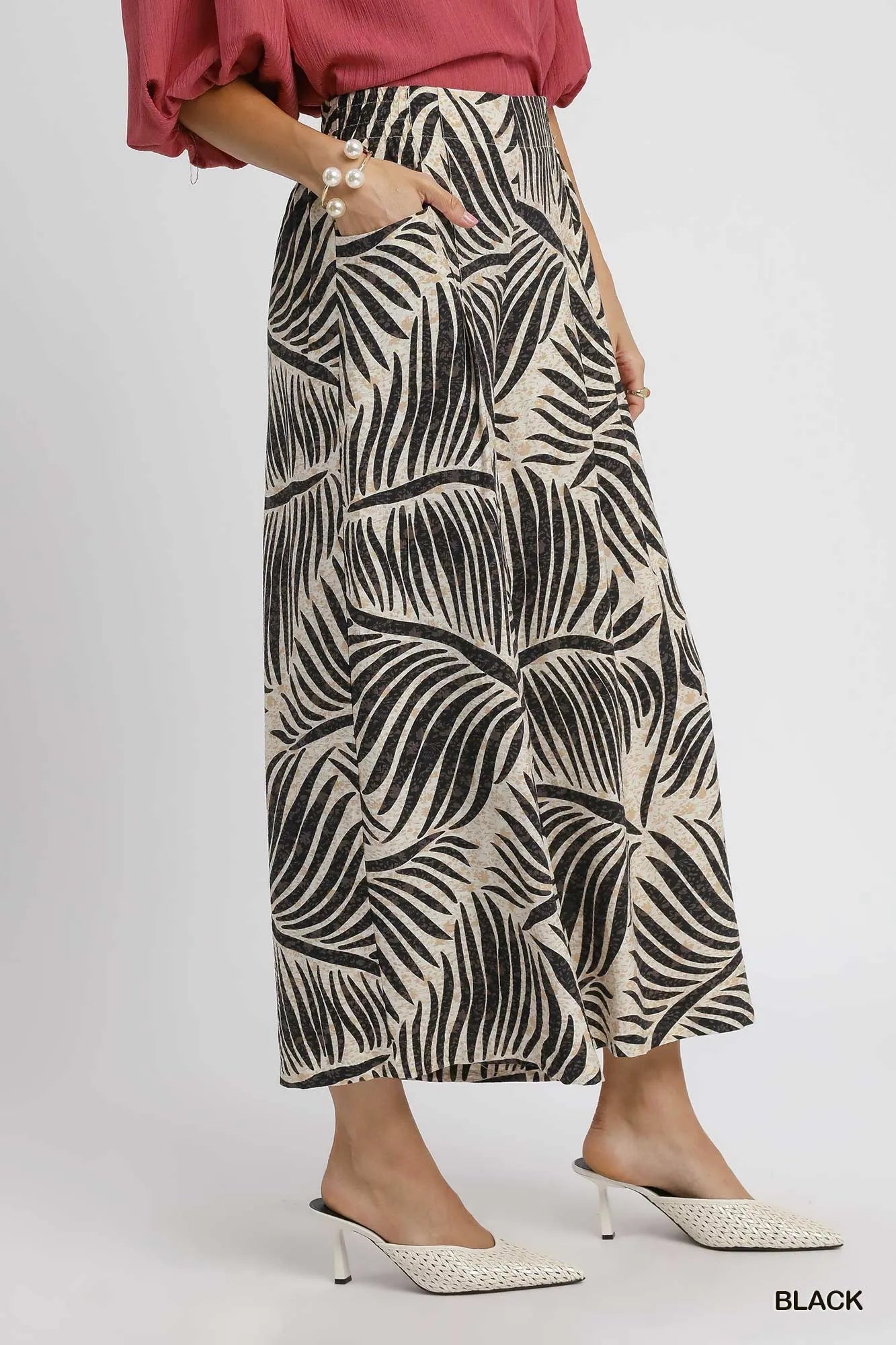 Umgee Palm Leaf Print Wide Leg Culotte Pants Pants