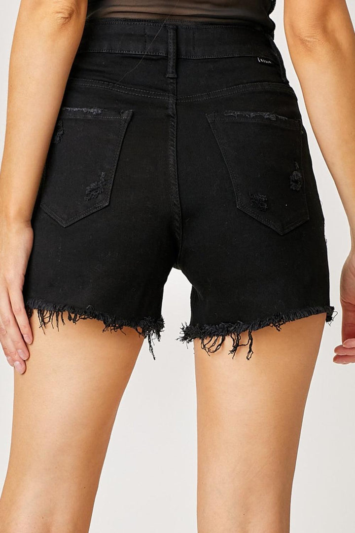 RISEN Frayed Hem Denim Shorts with Fringe Detail Pockets Shorts