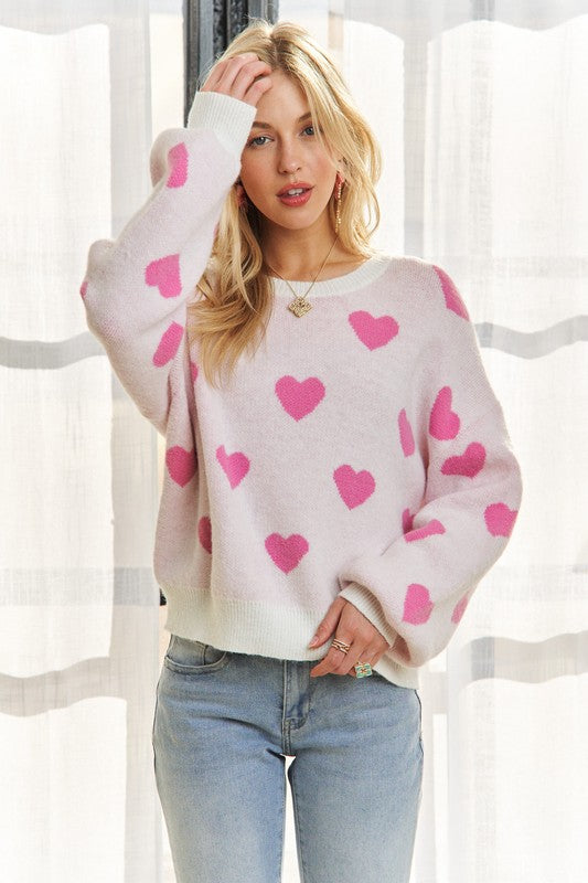 ADORA Heart Round Neck Drop Shoulder Sweater OFF WHITE PINK Tops