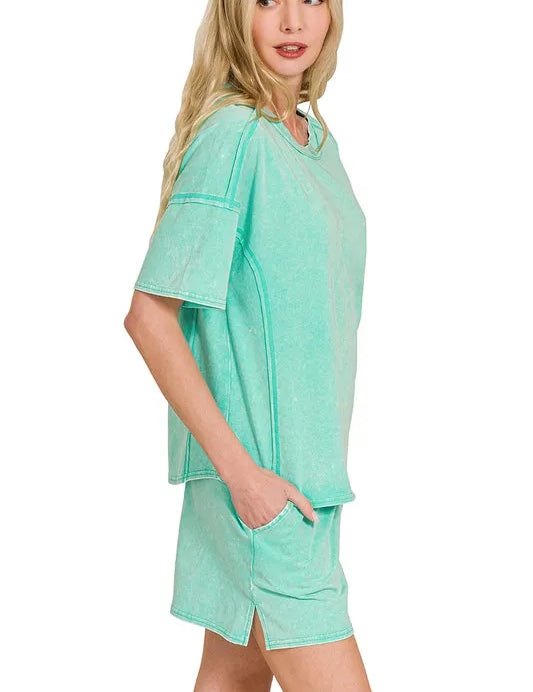 Zenana Acid Washed Short Sleeve Tee & Shorts Set | Outfit Sets Daverri Fashions