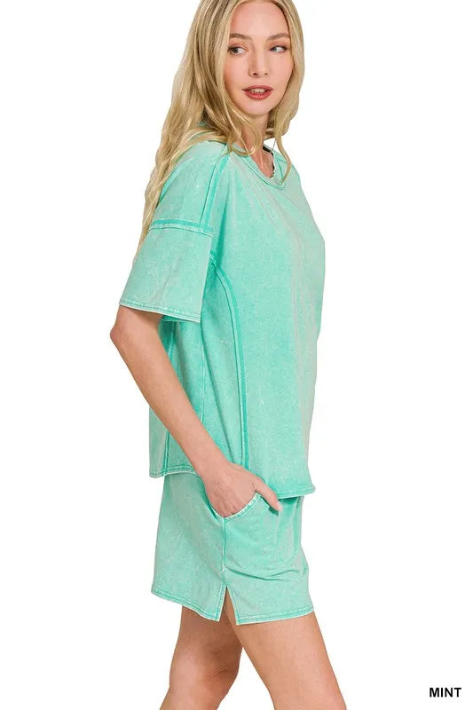 Zenana Acid Washed Short Sleeve Tee & Shorts Set Outfit Sets