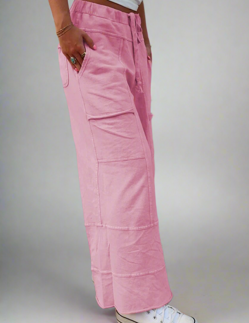 Mineral Wash Exposed Seam Drawstring High Waist Wide Leg Cargo Pants | Loungewear Pants Daverri Fashions