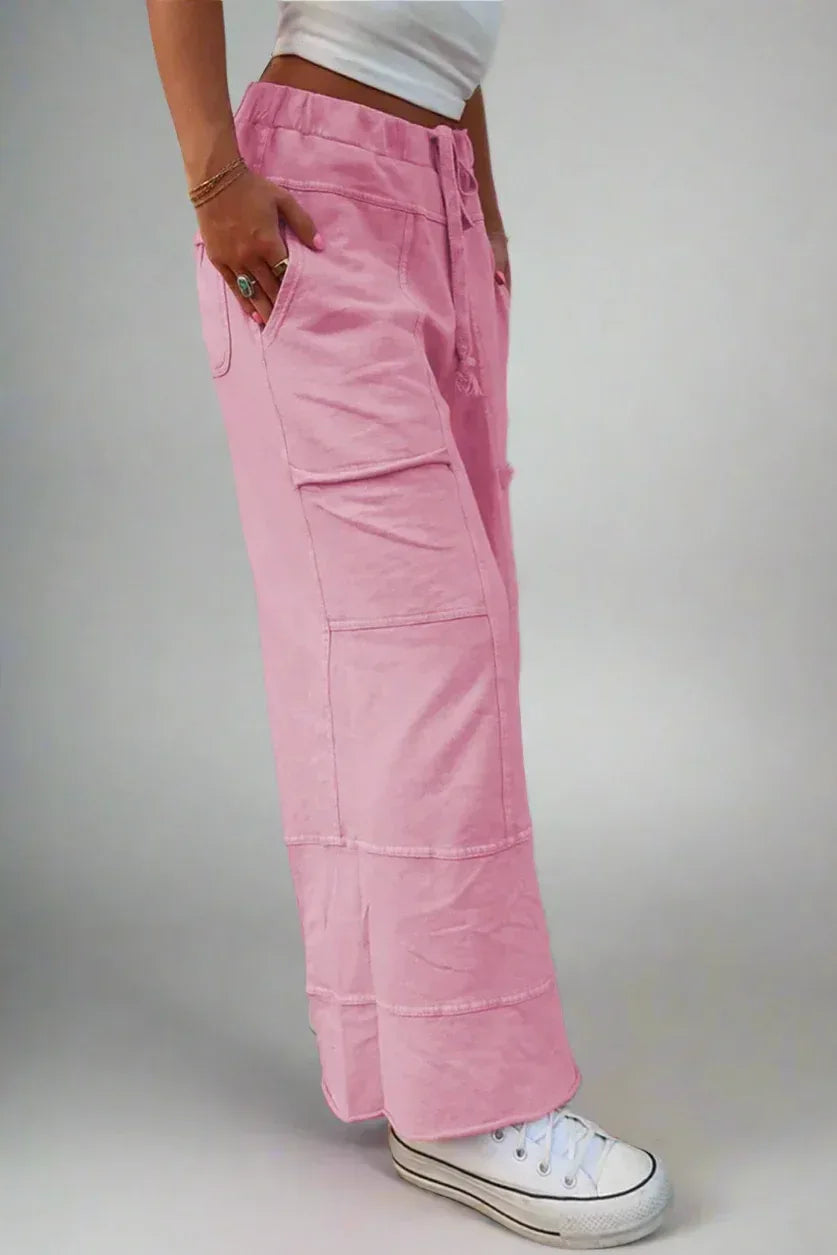 Mineral Wash Exposed Seam Drawstring High Waist Wide Leg Cargo Pants - DAVERRI FASHIONS
