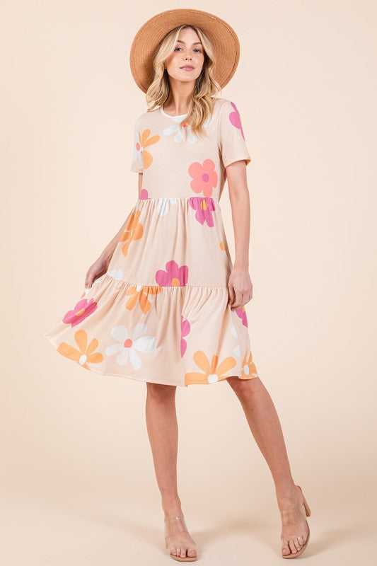 BOMBOM Floral Round Neck Short Sleeve Tiered Dress Apricot