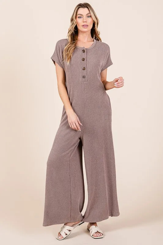 BOMBOM Rib Knit Jumpsuit with Button Detail