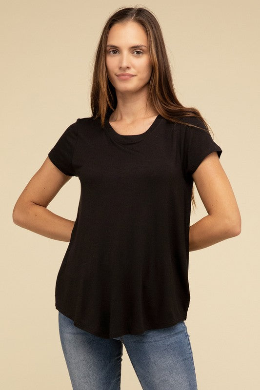 Flowy Round Hem Rayon Short Sleeve Top T-Shirts