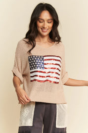 Davi & Dani Sequin American Flag Patch Short Sleeve Knit Top | Tops Daverri Fashions
