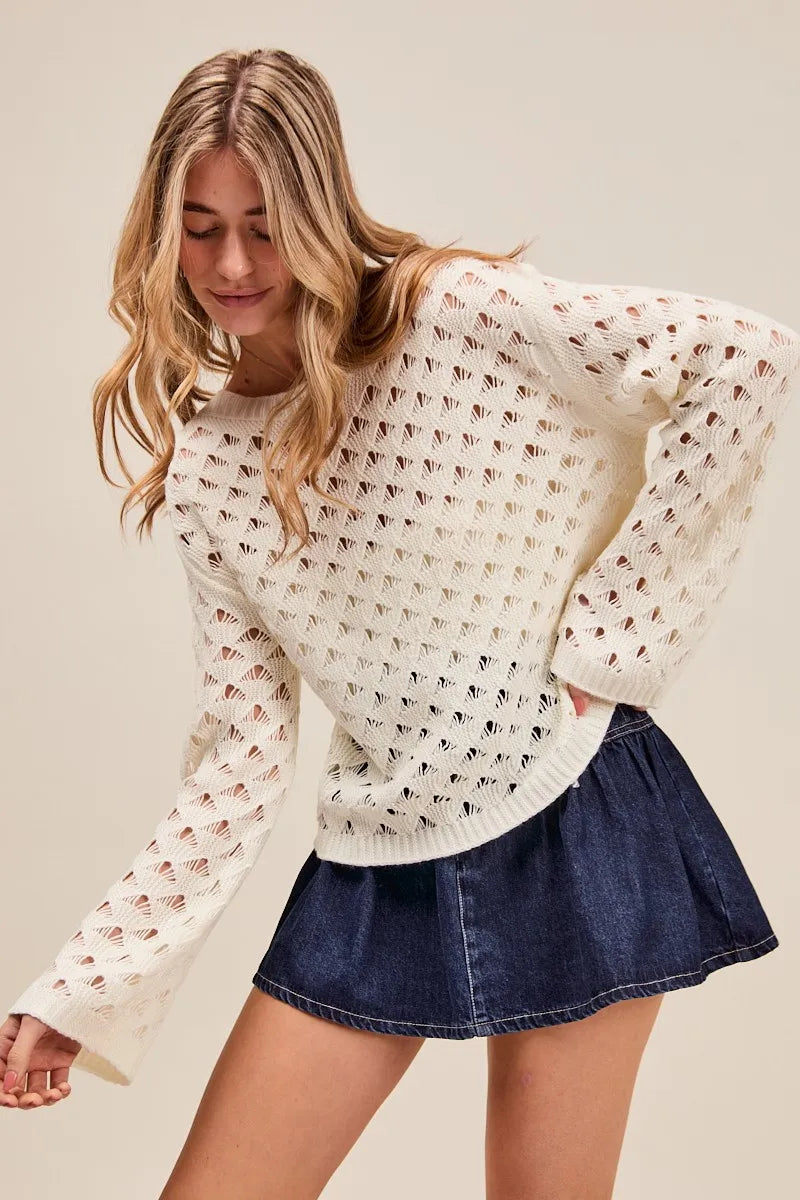 SO ME Geometric Pattern Open Knit Lightweight Sweater Sweaters