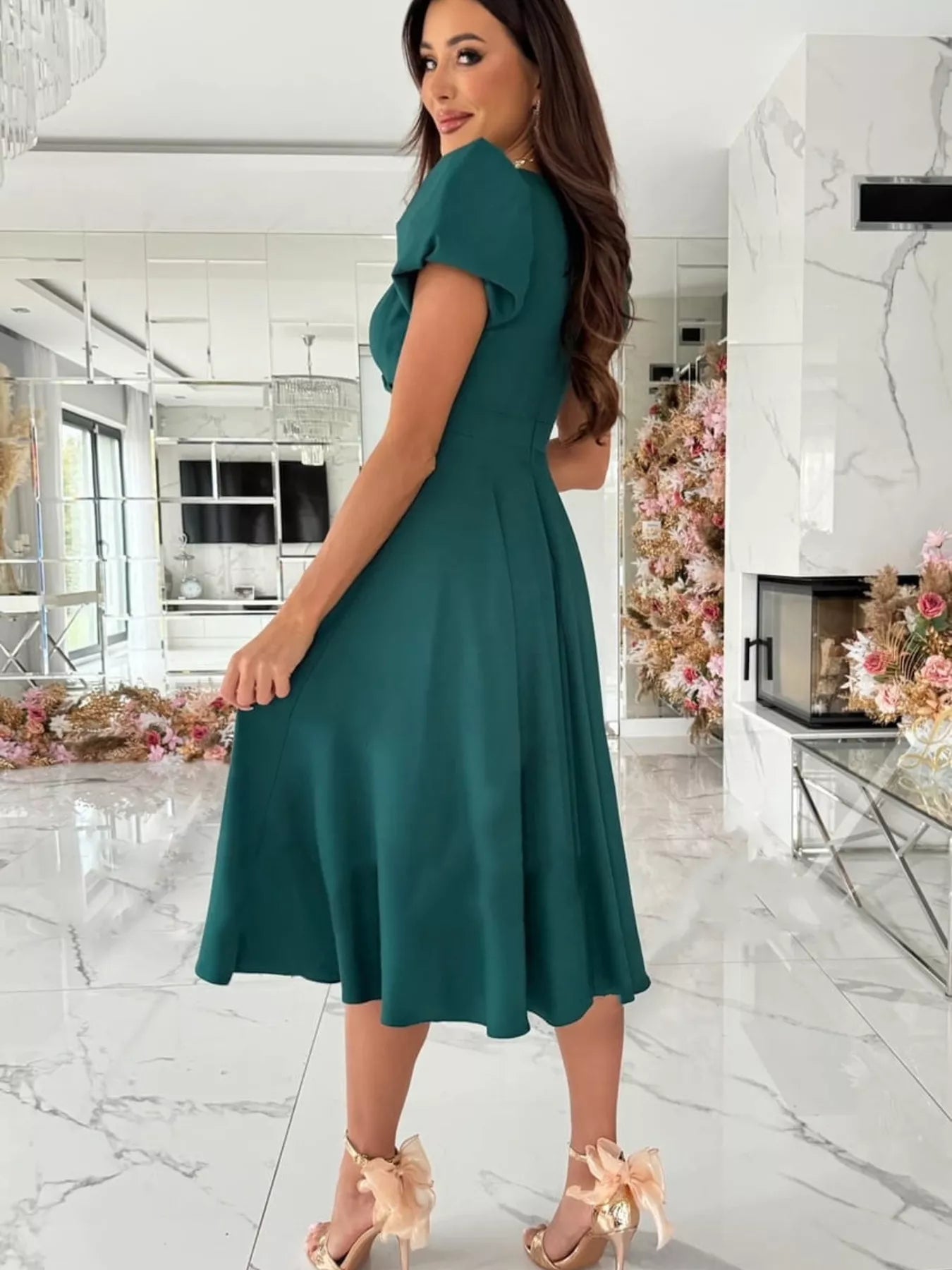 Teal surplice short sleeve midi dress with flutter sleeves