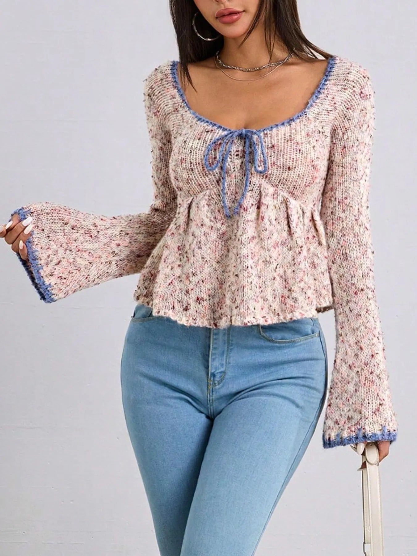 Tie Front Flare Sleeve Sweater | Sweaters Daverri Fashions
