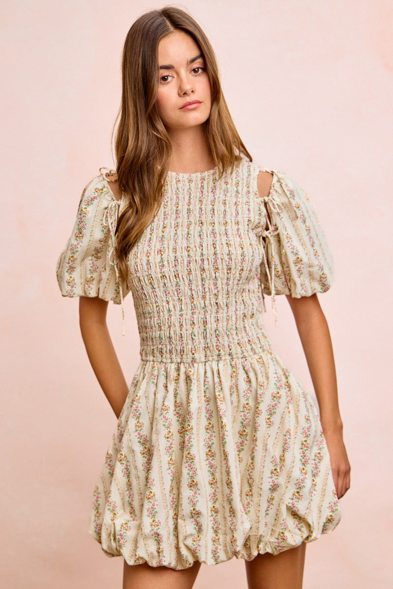 BiBi Floral Bow Tie Attachable Puff Sleeves Dress, cream floral print