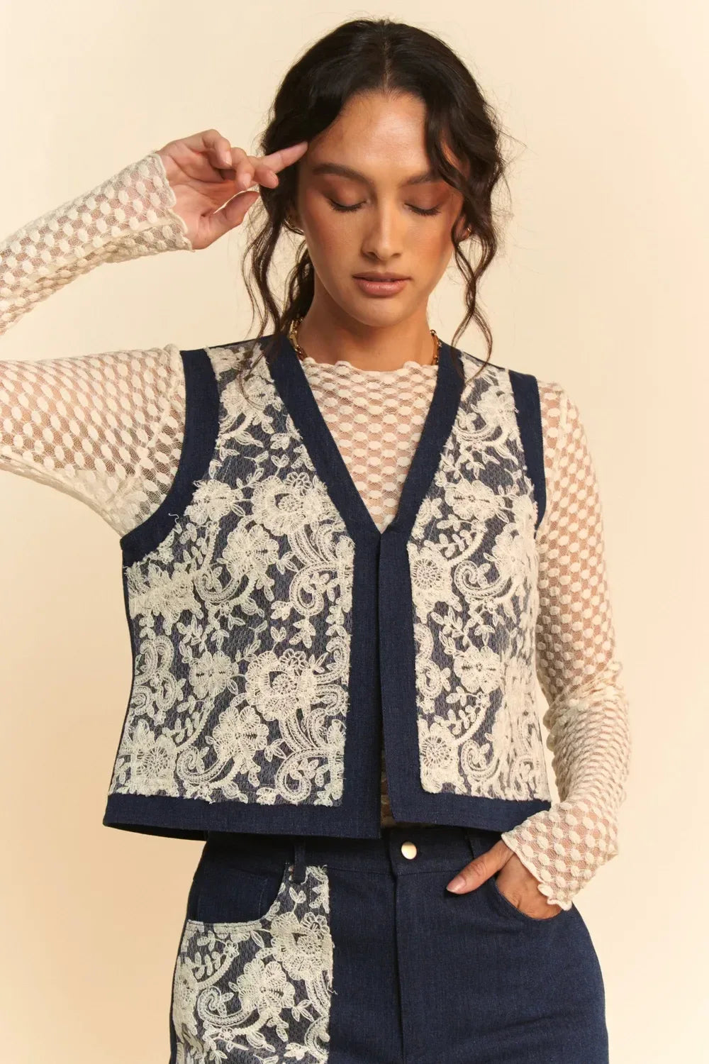 Davi & Dani Lace Patch Open Front Denim Vest - DAVERRI FASHIONS