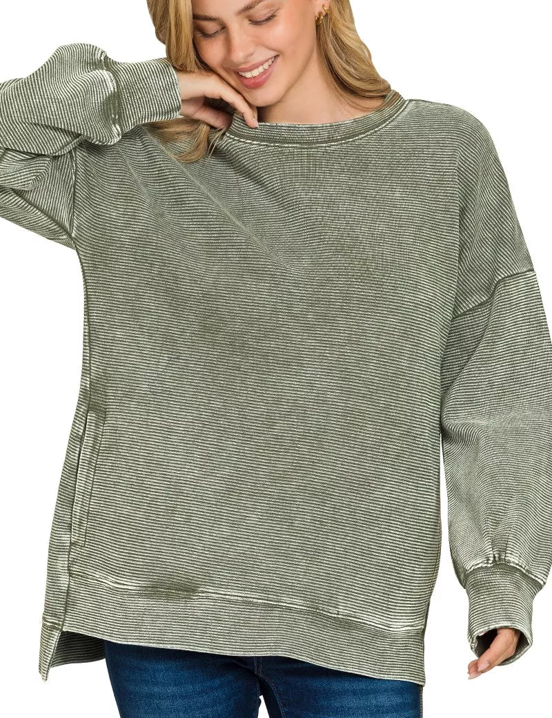Zenana Full Size Acid Washed Double Ribbed Hi-low Sweatshirt Plus Size | Sweatshirts Daverri Fashions