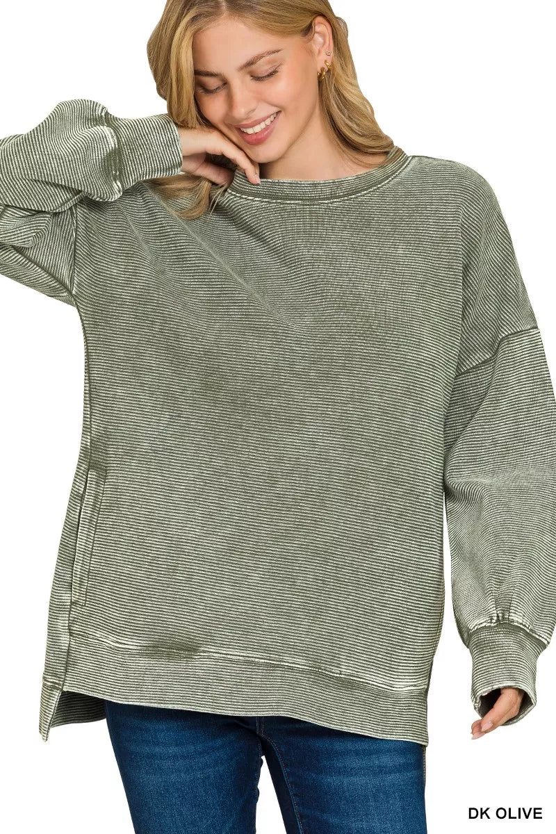 Zenana Full Size Acid Washed Double Ribbed Hi-low Sweatshirt Plus Size | Sweatshirts Daverri Fashions
