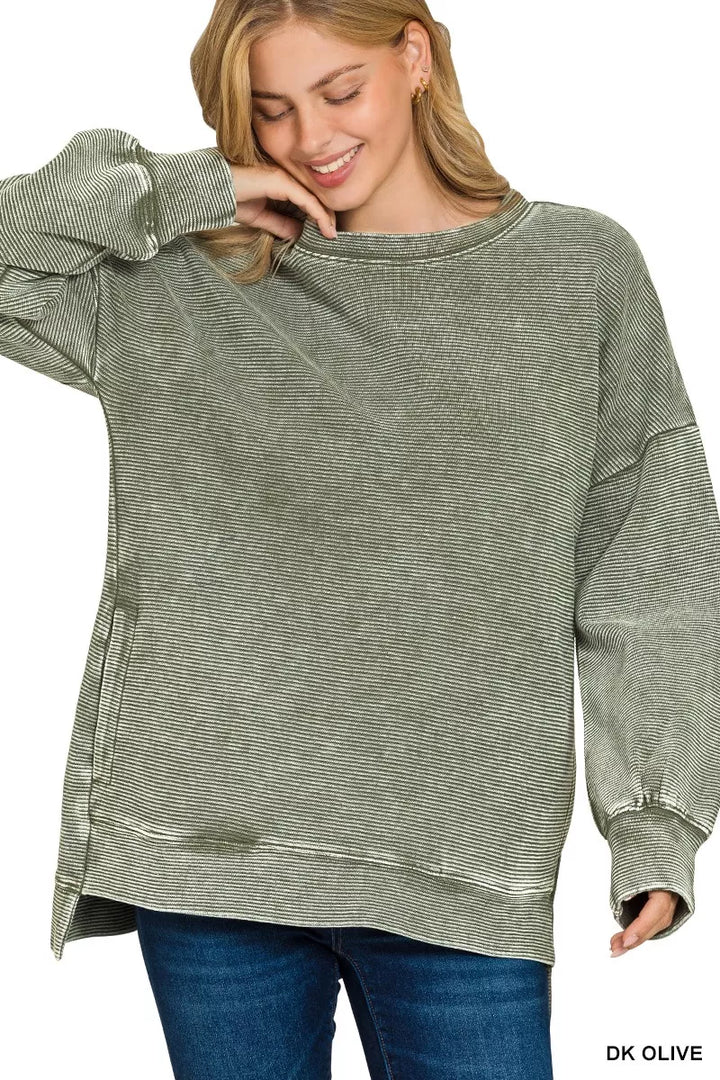 Zenana Full Size Acid Washed Double Ribbed Hi-low Sweatshirt Plus Size | Sweatshirts Daverri Fashions