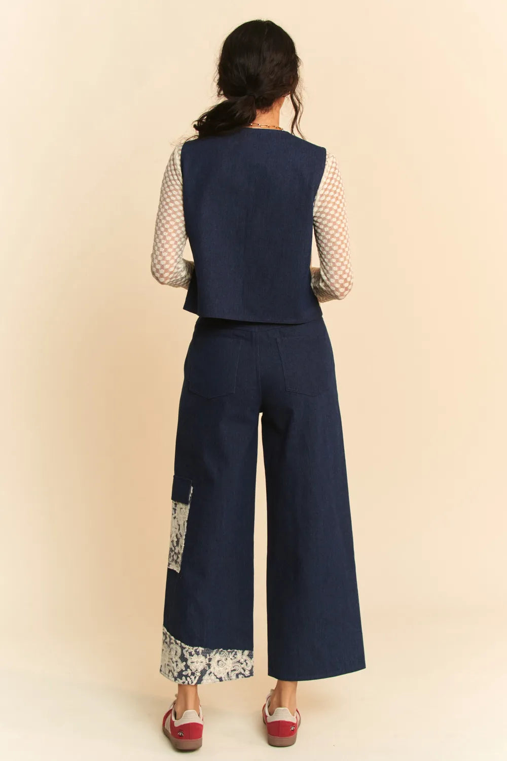 Davi & Dani Lace Patch Open Front Denim Vest | Vest Jackets Daverri Fashions