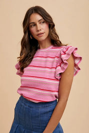 Annie Wear Multi Stripe Ruffle Sleeve Textured Knit Top | Tops Daverri Fashions