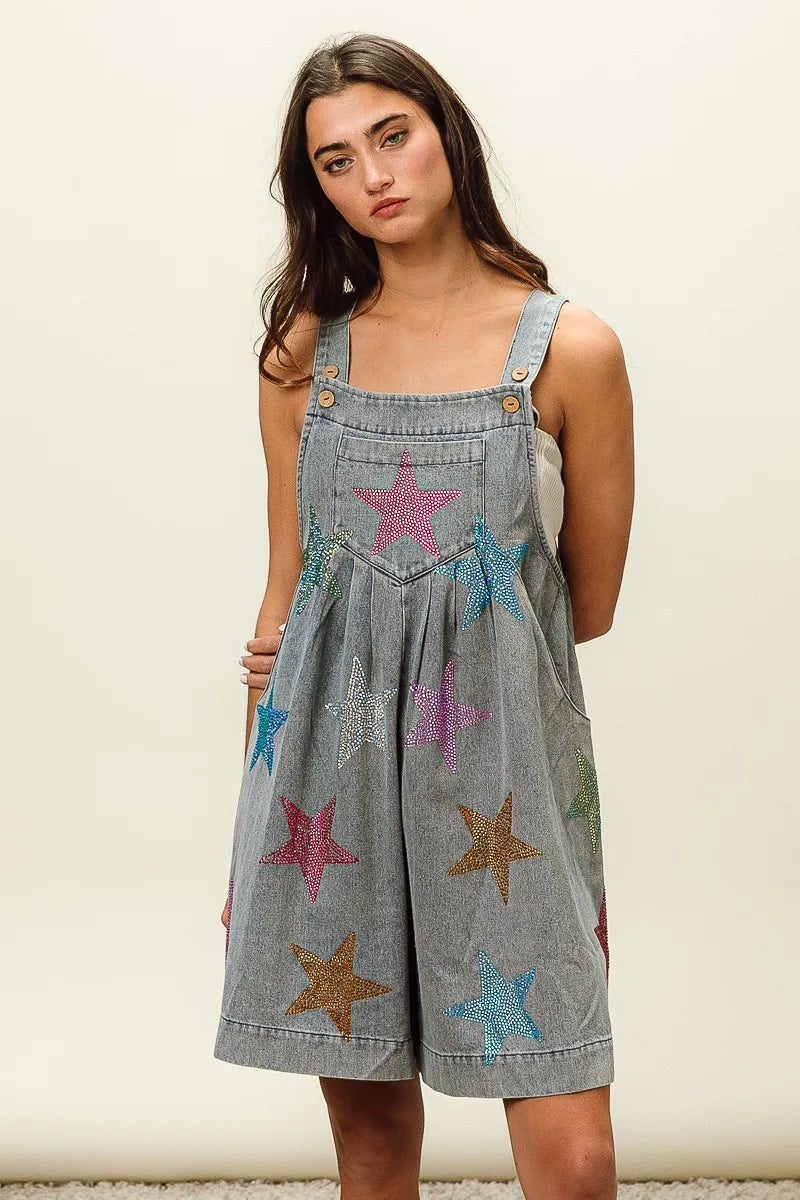 BiBi Star Rhinestone Washed Wide Leg Shortalls Shortalls