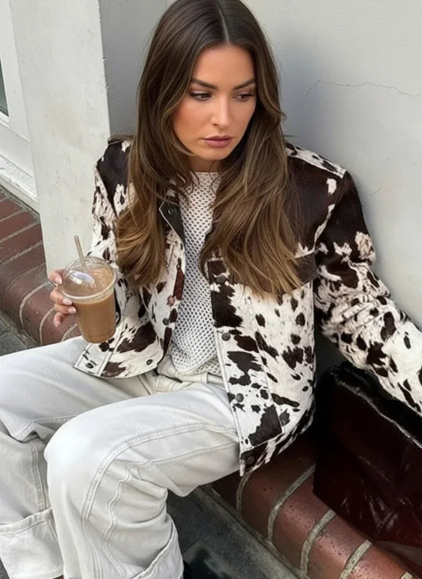 Cow Print Collared Neck Jacket - DAVERRI FASHIONS