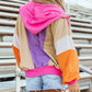Color block zip-up hoodie with pink hood, beige, purple, orange panels
